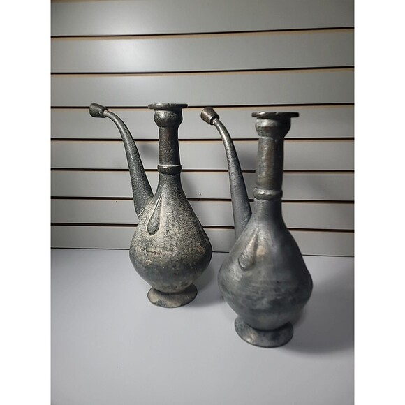 Antique Persian Copper Aftabeh Pitcher Water Ewer Set Of 2 Metal Jugs - Picture 2 of 9